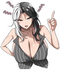 Rule 34 | 1girl, angry, bare shoulders, black hair, breasts, cleavage, goddess of victory: nikke, highres, huge breasts, jenowinder, looking at viewer, multicolored hair, open mouth, rosanna (nikke), simple background, solo, tight clothes, white background, white hair