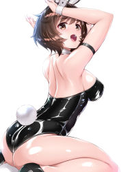 Rule 34 | 1girl, akiyama yukari, alternate costume, amasora taichi, animal ears, armband, arms up, ass, backless outfit, bare arms, bare legs, black footwear, black leotard, breasts, brown eyes, brown hair, commentary request, detached collar, fake animal ears, from side, girls und panzer, highres, large breasts, leotard, looking at viewer, looking back, open mouth, playboy bunny, rabbit ears, rabbit pose, rabbit tail, shiny skin, short hair, shoulder blades, sideboob, simple background, sitting, solo, tail, teeth, upper teeth only, wariza, white background, wrist cuffs