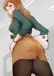Rule 34 | 1girl, ass, black pantyhose, blouse, blush, clipboard, closed mouth, commentary request, cowboy shot, doushimasho, feet out of frame, from behind, from below, green shirt, hallway, highres, holding, holding clipboard, id card, indoors, light brown hair, long hair, looking at viewer, looking back, miniskirt, name tag, office, office lady, original, pantyhose, pantylines, pencil skirt, red eyes, shirt, skirt, solo, thick thighs, thighs, wide hips