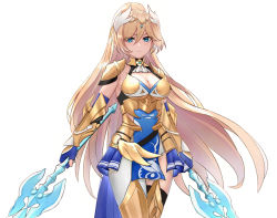 Rule 34 | 1girl, armor, ascot, bianka durandal ataegina, bianka durandal ataegina (dea anchora), blonde hair, blue eyes, blue gloves, breasts, cleavage, closed eyes, commentary, cowboy shot, dual wielding, fingerless gloves, gloves, hair between eyes, hair ornament, high ponytail, highres, holding, honkai (series), honkai impact 3rd, lance, large breasts, long hair, looking at viewer, polearm, shoulder armor, solo, vambraces, very long hair, weapon, white background, zhourues