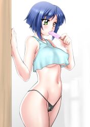 Rule 34 | 1girl, black panties, blue hair, blue tank top, blurry, blurry background, blush, bob cut, breasts, cameltoe, cleft of venus, commentary request, cowboy shot, crop top, fingernails, food, food in mouth, green eyes, holding, holding food, holding popsicle, kashiwagi haruko, large breasts, looking afar, medium bangs, muv-luv, navel, panties, popsicle, popsicle in mouth, sakura ryuuken, short hair, solo, tank top, underboob, underwear