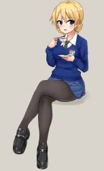 Rule 34 | 10s, 1girl, bad id, bad twitter id, black footwear, black necktie, black pantyhose, blonde hair, blue eyes, blue skirt, blue sweater, braid, collared shirt, commentary, crossed legs, cup, darjeeling (girls und panzer), dress shirt, emblem, full body, girls und panzer, hikyakuashibi, holding, holding cup, invisible chair, loafers, long sleeves, looking at viewer, miniskirt, necktie, open mouth, pantyhose, pleated skirt, saucer, school uniform, shadow, shirt, shoes, short hair, simple background, sitting, skirt, smile, solo, st. gloriana&#039;s (emblem), st. gloriana&#039;s school uniform, sweater, tea, teacup, thighs, twin braids, v-neck, white shirt, wing collar