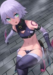 Rule 34 | 1girl, bandaged arm, bandages, bare shoulders, black gloves, black panties, black thighhighs, blush, breasts, character cutout, chorogon, collarbone, commentary request, dagger, facial scar, fate/apocrypha, fate/grand order, fate (series), gloves, green eyes, highres, holding, holding dagger, holding knife, holding weapon, jack the ripper (fate/apocrypha), knee up, knife, looking to the side, navel, open mouth, panties, pink footwear, scar, scar across eye, scar on cheek, scar on face, short hair, shoulder tattoo, silver hair, single glove, small breasts, solo, stomach, tattoo, thighhighs, underwear, weapon