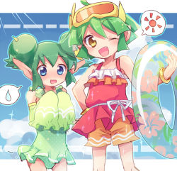 Rule 34 | 2girls, blue eyes, blue sky, cloud, cloudy sky, detached sleeves, double bun, draco centauros, fang, goggles, goggles on head, gold bracelet, green hair, green one-piece swimsuit, green sleeves, hair between eyes, hair bun, horns, lidelle (puyopuyo), lifebuoy, looking at viewer, multiple girls, one-piece swimsuit, one eye closed, open mouth, orange shorts, pointy ears, puyopuyo, red shirt, shirt, shorts, sky, sleeveless, sleeves past wrists, smile, speech bubble, sun symbol, swim ring, swimsuit, water drop, xox xxxxxx, yellow eyes