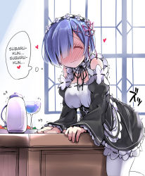 Rule 34 | 10s, 1girl, apron, asymmetrical bangs, black dress, black ribbon, blue hair, blunt bangs, blush, breasts, bulbonne, cleavage, closed eyes, closed mouth, coffee pot, commentary, crotch rub, cup, detached sleeves, dress, drinking glass, female masturbation, food, frown, full-face blush, glass, hair ornament, hair over one eye, hair ribbon, hairclip, hard-translated, heart, highres, indoors, long sleeves, maid, maid apron, masturbation, motion blur, pantyhose, pink ribbon, re:zero kara hajimeru isekai seikatsu, rem (re:zero), ribbon, ribbon-trimmed sleeves, ribbon trim, short hair, solo, table humping, text focus, thinking, third-party edit, thought bubble, translated, transparent, waist apron, wavy mouth, white apron, white pantyhose, wide sleeves, wince, window, wine glass, x hair ornament