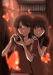 Rule 34 | 2girls, absurdres, amakura mayu, amakura mio, black hair, breasts, bug, butterfly, camera, closed mouth, dress, fatal frame, fatal frame 2, highres, insect, looking at viewer, midnamana, multiple girls, short hair, siblings, sisters, small breasts, twins