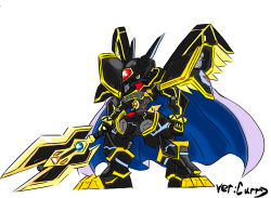 Rule 34 | alphamon, alphamon ouryuken, armor, cape, chibi, digimon, full armor, gauntlets, highres, horns, kyūkyoku senjin ouryūken, monster, no humans, red eyes, royal knights, shoulder pads, simple background, solo, sword, weapon, white background, white cape, wings