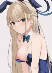 Rule 34 | 1girl, absurdres, animal ears, bare shoulders, blonde hair, blue archive, blue bow, blue bowtie, blue hair, blue leotard, blush, bow, bowtie, braid, breasts, closed mouth, detached collar, fake animal ears, grey background, halo, highres, leotard, long hair, looking at viewer, medium breasts, memekko, multicolored hair, nipples, official alternate costume, one breast out, rabbit ears, simple background, solo, toki (blue archive), toki (bunny) (blue archive), two-tone hair, upper body