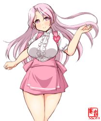 Rule 34 | 1girl, alternate costume, anna miller, apron, artist logo, badge, blouse, breasts, commentary request, cowboy shot, dated, employee uniform, frilled shirt, frills, highres, kanon (kurogane knights), kantai collection, large breasts, long hair, looking at viewer, luigi di savoia duca degli abruzzi (kancolle), multicolored hair, name tag, pink apron, pink eyes, pink hair, pink skirt, puffy sleeves, red hair, shirt, simple background, skirt, solo, streaked hair, underbust, uniform, waitress, white background, white shirt