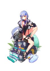 Rule 34 | 1girl, assault rifle, bag, bare shoulders, beret, black footwear, black hat, blunt bangs, blush, box, breasts, bullpup, case, caseless firearm, character name, closed eyes, competition swimsuit, double bun, facial mark, full body, g11 (girls&#039; frontline), girls&#039; frontline, green eyes, groin, gun, h&amp;k g11, hair bun, hair ornament, hat, high heels, highres, hk416 (girls&#039; frontline), horizontal magazine, innertube, jacket, knee up, large breasts, long hair, looking at viewer, multicolored clothes, multicolored swimsuit, name tag, one-piece swimsuit, open clothes, open jacket, palm leaf, pouch, ranyu, rifle, sandals, see-through, silver hair, simple background, solo, swim ring, swimsuit, teardrop, thigh strap, thighs, very long hair, weapon, white background, wristband