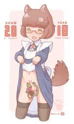 Rule 34 | 1boy, :3, a kun, animal ears, black thighhighs, brown hair, censored, chinese zodiac, clothes lift, crossdressing, dog boy, dog ears, dog tail, dress, dress lift, erection, fang, glasses, heart, heart censor, highres, lifted by self, looking at viewer, maid, male focus, medium hair, no panties, original, penis, semi-rimless eyewear, simple background, small penis, solo, tail, testicles, thighhighs, trap, year of the dog, yellow eyes