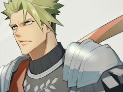 Rule 34 | 1boy, achilles (fate), armor, black shirt, closed mouth, eyelashes, facing ahead, fate/apocrypha, fate (series), furrowed brow, green hair, grey background, haruakira, highres, male focus, mature male, orange eyes, orange sash, ribbed shirt, shirt, short hair, shoulder armor, simple background, solo, undercut, upper body