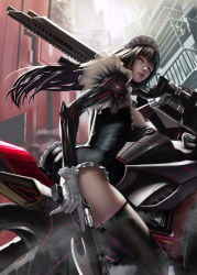 Rule 34 | 1girl, absurdres, ass, bad id, bad pixiv id, black hair, black thighhighs, blade, breasts, building, closed mouth, cyberpunk, cyborg, dual wielding, frilled gloves, frilled leotard, frills, gloves, gun, handgun, highres, holding, holding gun, holding weapon, large breasts, leotard, light y, long hair, looking at viewer, maid, maid headdress, mechanical arms, motor vehicle, motorcycle, original, outdoors, over shoulder, red lips, revolver, science fiction, scratches, smoke, solo, thighhighs, thighs, weapon, weapon over shoulder, white gloves, yellow eyes