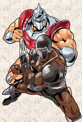 Rule 34 | 2boys, absurdres, armor, artist request, claw (weapon), clenched hands, fighting stance, full body, helmet, highres, kinnikuman, looking at viewer, manly, mask, multiple boys, muscular, pectorals, red eyes, robin mask, simple background, tag team, warsman, weapon, wrestling, wrestling outfit
