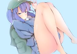 Rule 34 | 1girl, ass, backpack, bag, barefoot, blue eyes, blue hair, blunt bangs, blush, breasts, convenient leg, hat, hat tip, kawashiro nitori, large breasts, legs, looking at viewer, shishi juuroku, short hair, solo, thick thighs, thighs, touhou, two side up