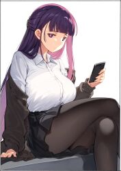 Rule 34 | 1girl, absurdres, black skirt, black sweater, blunt bangs, blush, breasts, brown pantyhose, cellphone, collared shirt, dress shirt, fern (sousou no frieren), highres, kei (soundcross), large breasts, long hair, long sleeves, looking at viewer, off shoulder, pantyhose, phone, purple eyes, purple hair, shirt, sidelocks, sitting, skirt, solo, sousou no frieren, sweater, thighs, white shirt