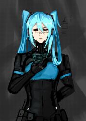 Rule 34 | 1girl, android, belt pouch, blue eyes, blue hair, commentary, crossover, english commentary, hatsune miku, headset, highres, holographic interface, nsjndd1, pouch, signalis, solo, speech bubble, twintails, twitter username, vocaloid