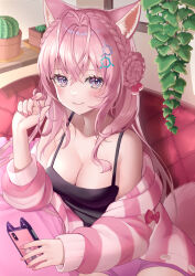 Rule 34 | 1girl, animal ear fluff, animal ears, antenna hair, black camisole, blush, bow, braid, braided bun, breasts, cactus, camisole, cardigan, cellphone, chibi, chibi inset, cleavage, closed mouth, collarbone, crown braid, fingernails, hair between eyes, hair bun, hair ribbon, twirling hair, hakui koyori, hexagon hair ornament, highres, holding, holding phone, hololive, imahuku, large breasts, long hair, long sleeves, looking at viewer, nail polish, phone, pink bow, pink cardigan, pink hair, pink nails, pink ribbon, pink shorts, pink tail, pink theme, plant, purple eyes, ribbon, shorts, smartphone, smile, solo, striped cardigan, tail, virtual youtuber, wolf ears, wolf girl, wolf tail