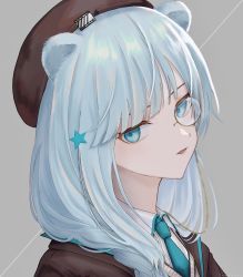 Rule 34 | 1girl, absurdres, animal ears, arknights, bad id, bad pixiv id, bear ears, beret, blue eyes, blue hair, blue necktie, brown hat, commentary request, grey background, hair ornament, hat, head tilt, highres, istina (arknights), looking at viewer, monocle, necktie, parted lips, portrait, simple background, solo, star (symbol), star hair ornament, wozuya