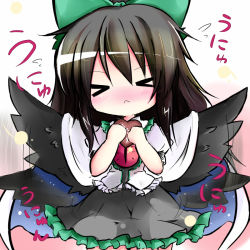 Rule 34 | &gt; &lt;, 1girl, :&lt;, black wings, blush, bow, brown hair, chibi, chocolate, closed eyes, female focus, flapping, gift, hair bow, heart, holding, holding gift, large bow, reiuji utsuho, shichinose, solo, touhou, unyu, valentine, wings