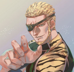 Rule 34 | 1boy, absurdres, animal print, blonde hair, claw pose, cry sinkai, eyepatch, facial hair, goatee, green eyes, highres, looking at viewer, muscular, ramon (kof), short hair, signature, simple background, smile, solo, the king of fighters, tiger print, upper body