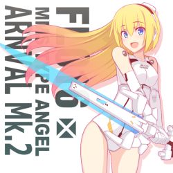 Rule 34 | 1girl, :d, arnval mk2, text background, blonde hair, blue eyes, breasts, busou shinki, commentary request, floating hair, gloves, gradient hair, hair between eyes, holding, holding sword, holding weapon, leotard, long hair, looking at viewer, medium breasts, multicolored hair, murasame shia, open mouth, orange hair, simple background, smile, solo, sword, two-handed, very long hair, weapon, white background, white gloves, white leotard