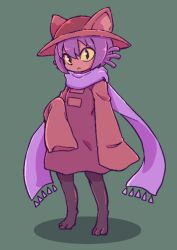 Rule 34 | 1other, :&lt;, animal ears, animal hands, barefoot, black eyes, cat ears, closed mouth, colored sclera, dress, full body, furry, green background, hand up, hat, jaggy lines, long sleeves, looking at viewer, niko (oneshot), oneshot (game), other focus, purple hair, purple scarf, red dress, red hat, red shirt, scarf, shirt, short hair, simple background, sleeveless, sleeveless dress, sleeves past fingers, sleeves past wrists, solo, standing, yellow sclera, yokoyoko (nazonazo)