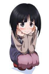 Rule 34 | 1girl, black eyes, black hair, blue sweater, blunt bangs, blunt ends, blush, bob cut, brown footwear, casual, closed mouth, commentary, full body, girls und panzer, gotou moyoko, grey shirt, head rest, izawa shiori, kayabakoro, long skirt, long sleeves, looking at viewer, medium hair, purple skirt, shadow, shirt, shoes, short hair, simple background, skirt, smile, solo, squatting, sweater, sweater vest, voice actor connection, white background