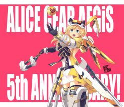 Rule 34 | 1girl, absurdres, alice gear aegis, anniversary, armored boots, backless dress, backless outfit, black bow, black gloves, blonde hair, blue eyes, boots, border, bow, copyright name, dress, gloves, hat, highres, holding, ishiyumi, long hair, mecha musume, merabuchi kanami, open mouth, outside border, racket, red background, smile, solo, tennis racket, thigh boots, two-tone dress, visor cap, white border, white dress, white hat, yellow dress