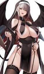 Rule 34 | 1girl, absurdres, black nails, black thighhighs, breast curtains, breasts, brown eyes, brown hair, cleavage, demon girl, demon wings, hand on own hip, headpiece, highres, large breasts, looking at viewer, mole, mole under eye, nun, open mouth, original, red hair, rikiddo (tise 00), simple background, smile, solo, standing, thighhighs, white background, wings