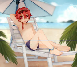 Rule 34 | 1boy, alexander (fate), barefoot, beach, blue jammers, blue male swimwear, braid, day, eyewear on head, eyuzi i, fate/grand order, fate (series), feet, full body, hair between eyes, highres, jammers, looking at viewer, male focus, male swimwear, open mouth, outdoors, red eyes, red hair, shade, single braid, smile, solo, swimsuit