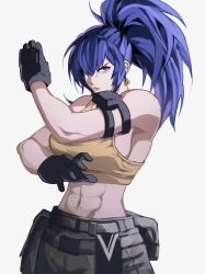 Rule 34 | 1girl, abs, arm pouch, bare shoulders, black gloves, blue eyes, blue hair, breasts, camouflage, camouflage pants, crop top, earrings, gloves, highres, jewelry, large breasts, leona heidern, muscular, muscular female, pants, po9046, ponytail, sideboob, simple background, sleeveless, soldier, solo, tank top, the king of fighters, the king of fighters xv, triangle earrings, white background, yellow tank top