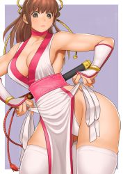 Rule 34 | 1girl, arm guards, armpits, bare shoulders, breasts, brown eyes, brown hair, choker, cleavage, closed mouth, collarbone, dead or alive, dress, frontal wedgie, hair tie, highres, japanese clothes, kasumi (doa), kodachi, large breasts, looking down, ninja, obi, panties, panty pull, pelvic curtain, ponytail, revealing clothes, sash, sheath, shigenobu, short sword, side-tie panties, skindentation, sleeveless, sleeveless dress, solo, sword, sword behind back, thighhighs, underwear, wakizashi, weapon, weapon on back, wedgie, white dress, white thighhighs