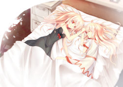 Rule 34 | 2girls, bed, bed sheet, blonde hair, breasts, dress, dual persona, expressionless, closed eyes, fairy wings, indoors, lily black, lily white, long hair, looking at another, lying, multiple girls, navel, on side, red eyes, see-through, sleepwear, smile, touhou, white dress, wings, z.o.b