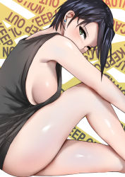 Rule 34 | 1girl, bad id, bad pixiv id, bare arms, bare legs, bare shoulders, black hair, blush, breasts, breasts on lap, caution tape, earrings, feet out of frame, from side, highres, invisible chair, jewelry, keep out, knee up, leaning forward, looking at viewer, looking to the side, medium breasts, midorikawa maki, no bra, no pants, norman maggot, one eye closed, pixie cut, sakura quest, shiny skin, short hair, sideboob, sitting, sleeveless, solo, stud earrings, tank top, thighs, tsurime