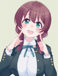 Rule 34 | 1girl, :d, aqua eyes, black jacket, blazer, blush stickers, braid, breasts, brown hair, buttons, collared shirt, cream (nipakupa), dress shirt, emma verde, fingers to cheeks, freckles, jacket, large breasts, long hair, long sleeves, looking at viewer, love live!, love live! nijigasaki high school idol club, low twin braids, low twintails, neck ribbon, nijigasaki school uniform, open mouth, ribbon, school uniform, shirt, simple background, smile, solo, twin braids, twintails, upper body, white shirt, winter uniform