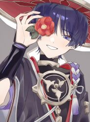 Rule 34 | 1boy, blue eyes, dagashi aa, flower, genshin impact, grin, hair between eyes, hat, highres, holding, holding flower, japanese clothes, jingasa, looking at viewer, male focus, purple hair, red flower, scaramouche (genshin impact), smile, solo