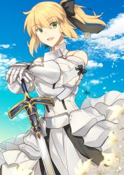 Rule 34 | 1girl, :d, armor, armored dress, artoria pendragon (all), artoria pendragon (fate), black bow, blonde hair, blue sky, bow, breastplate, caliburn (fate), cloud, day, dress, excalibur (fate/stay night), fate/unlimited codes, fate (series), faulds, floating hair, gauntlets, green eyes, hair between eyes, hair bow, hands on hilt, highres, long hair, looking at viewer, nikame, open mouth, outdoors, petals, ponytail, saber lily, signature, sky, sleeveless, sleeveless dress, smile, solo, standing, white dress