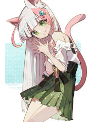 Rule 34 | 1girl, animal ear fluff, animal ears, blue background, blush, braid, cat ears, cat girl, cat tail, closed mouth, commentary request, green eyes, green skirt, hands up, long hair, multicolored hair, off-shoulder shirt, off shoulder, original, pink hair, pleated skirt, polka dot, polka dot background, romaji text, shadowsinking, shirt, short sleeves, silver hair, single braid, skirt, smile, solo, steepled fingers, streaked hair, tail, tail raised, two-tone background, very long hair, white background, white shirt