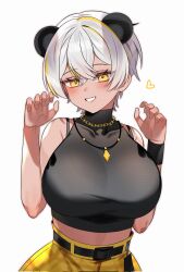 Rule 34 | animal ears, bare shoulders, bear ears, belt, black shirt, blonde hair, blush, bra strap, breasts, chain, covered collarbone, crop top, crossed bangs, dark-skinned female, dark skin, gold chain, grey hair, grin, hair between eyes, heart, highres, jewelry, large breasts, leaning forward, looking at viewer, luvdia, midriff, multicolored hair, necklace, pants, park dona, pure (berrypure), shirt, short hair, simple background, sleeveless, sleeveless turtleneck, smile, streaked hair, sweatband, tan, taut clothes, taut shirt, tight top, turtleneck, upper body, virtual youtuber, white background, white hair, yellow eyes, yellow pants