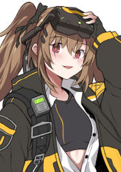 Rule 34 | 1girl, black gloves, black ribbon, blush, brown eyes, brown hair, collared shirt, fingerless gloves, girls&#039; frontline, gloves, goggles, goggles on head, hair ornament, hair ribbon, hairclip, hand on goggles, highres, jacket, jjuwaap, long hair, long sleeves, looking at viewer, mod3 (girls&#039; frontline), open clothes, open jacket, open mouth, open shirt, ribbon, scar, scar across eye, scar on face, shirt, smile, solo, sports bra, twintails, ump9 (girls&#039; frontline), ump9 (mod3) (girls&#039; frontline), white background, white shirt