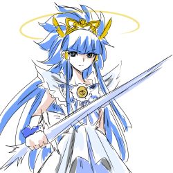 Rule 34 | 10s, 1girl, aoki reika, blue dress, blue eyes, blue hair, cure beauty, cure beauty (princess form), dress, eyelashes, hair tubes, halo, jewelry, long hair, magical girl, matching hair/eyes, precure, ribbon, serious, simple background, sketch, smile precure!, solo, spiked hair, standing, sword, tiara, tsukikage oyama, weapon, white background, wrist cuffs
