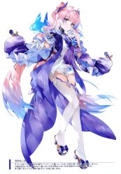 Rule 34 | 1girl, absurdres, blue hair, blue horns, bow, bow-shaped hair, breasts, closed mouth, collar, colored tips, detached collar, fish, frilled collar, frilled sleeves, frills, full body, genshin impact, gloves, gradient background, gradient hair, half gloves, highres, horns, light smile, long hair, looking at viewer, multicolored hair, pink eyes, pink hair, ponytail, purple eyes, sandals, sangonomiya kokomi, scan, simple background, small breasts, solo, soraneko hino, thighhighs, white background, white gloves, white thighhighs, wide sleeves
