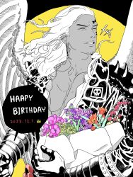 Rule 34 | 1boy, 2023, asymmetrical hair, black gloves, bouquet, closed eyes, dated, english text, facial tattoo, flower, gloves, happy birthday, highres, holding, holding bouquet, jacket, king (one piece), leather, leather jacket, long hair, muscular, muscular male, one piece, orange flower, partially colored, pink flower, purple flower, shoulder spikes, smile, solbangul00, speech bubble, spikes, tattoo, teeth, upper body, white hair, white wings, wings, yellow flower