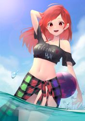 Rule 34 | 1girl, adapted costume, arm up, ball, bare shoulders, beachball, bikini, black bikini, black shirt, blue sky, clothes writing, cloud, day, floating hair, hecatia lapislazuli, highres, kanpa (campagne 9), long hair, looking at viewer, midriff, navel, no headwear, off-shoulder shirt, off shoulder, outdoors, palm tree, red eyes, red hair, sarong, shirt, short sleeves, sky, smile, solo, standing, summer, swimsuit, touhou, tree, wading