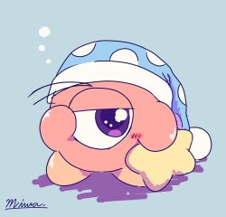 Rule 34 | absurdres, artist name, blue background, blush, blush stickers, full body, half-closed eyes, hand up, hat, highres, holding, kirby (series), looking to the side, miwa (ahyuck), nightcap, nintendo, no humans, one-eyed, polka dot headwear, pom pom (clothes), purple eyes, rubbing eyes, signature, simple background, sketch, sleepy, solo, standing, star (symbol), waddle doo