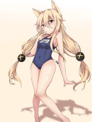 Rule 34 | 1girl, animal ears, beige background, blonde hair, blue eyes, blue one-piece swimsuit, blush, breasts, brown eyes, closed mouth, covered navel, artistic error, fox ears, g41 (girls&#039; frontline), girls&#039; frontline, gradient background, hair between eyes, hair bobbles, hair ornament, hakuya (white night), hand up, heterochromia, highres, long hair, looking at viewer, low twintails, name tag, one-piece swimsuit, school swimsuit, shadow, small breasts, smile, solo, standing, swimsuit, thighs, twintails, very long hair