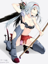 Rule 34 | 10s, 1girl, 2015, armor, armpits, arrow (projectile), bandages, bare shoulders, boots, bow (weapon), breasts, cleavage, collarbone, dated, flight deck, full body, gin&#039;ichi (akacia), gloves, greaves, grey footwear, hairband, headband, highres, kantai collection, large breasts, long hair, miniskirt, mouth hold, navel, panties, pantyshot, partially fingerless gloves, partly fingerless gloves, pink panties, pleated skirt, quiver, sarashi, shadow, shoukaku (kancolle), silver hair, sketch, skirt, solo, squatting, thigh boots, thighhighs, torn clothes, torn skirt, twitter username, underwear, weapon, yellow eyes, yugake