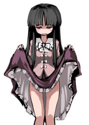 Rule 34 | 1girl, black hair, blunt bangs, blush, bow, bowtie, clothes lift, female focus, gatau, houraisan kaguya, lifting own clothes, long hair, looking at viewer, ribbon, shirt, sidelocks, simple background, skirt, skirt lift, smile, smirk, solo, standing, thigh gap, touhou, white background