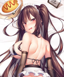 Rule 34 | alternate costume, bare shoulders, bikini, blush, breasts, bridal gauntlets, brown gloves, character name, choker, enmaided, food, from above, garter belt, girls&#039; frontline, gloves, hair ribbon, large breasts, long hair, looking at viewer, maid, maid bikini, maid headdress, meion, omelet, omurice, one side up, open mouth, purple hair, red eyes, ribbon, skindentation, solo, swimsuit, tsurime, unconventional maid, v-shaped eyebrows, very long hair, wa2000 (girls&#039; frontline)